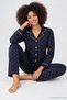 Women's Patterned Buttoned Long Sleeve Pajama Set Navy Blue 100% Cotton