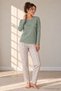Women's Cat Patterned Long Sleeve Pajama Set Green 100% Cotton - 3