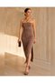 Brown Strapless Slit Combed Cotton Dress - 3