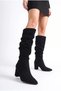 Women's Gusseted Design Thick Heeled Pointed Toe Black Suede Boots (Buy One Size up) - 5