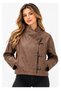 Women's Brown Leather Look Metal Clasp Stand Collar Short Jacket - 2