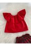 Baby Girl Red Blouse & Red Plaid Pattern Shorts Set - 3