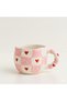 Square Stripe Heart Patterned Handmade Ceramic Mug – Cream Coffee Cup with Pink Handle
