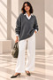 Women's Anthracite V-Neck Oversize Loose Knit Sweater - 6