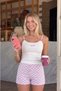 Strappy Athlete Top with Lettering Embroidery, Lace Waist Detail, Premium Viscose Checkered Shorts Women's Pajama Set