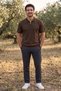 Men's Striped Premium Dark Brown Knitwear Polo Neck T-Shirt - 3