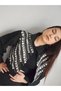 Women's Design Denim Jacket with Stone Embellishment Detail Black O Oversized Denim Coat - 9