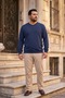 Men's Large Size V-Neck Oversized Basic Blue Sweatshirt - 3