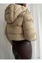 Women's Cream Water Repellent Long Sleeve Zippered Short Inner Lined Crop Hooded Puffer Coat - 5