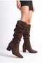 Women's Gusseted Design Thick Heeled Pointed Toe Dark Brown Suede Boots (Get One Size up) - 2