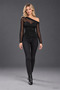 Tulle Sleeve and Ruffle Detail - Women's Asymmetrical Collar Black Blouse - 4