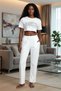 Women's White Printed Crop T-Shirt Pants Set 100% Cotton Comfortable 2-Piece Set