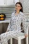Women's Cotton Combed Front Buttoned Long Sleeve Pajama Set Gray - 3