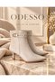 Women's Cream Beige Pointed Toe Thin Goblet Heeled Boots with Belt Buckle Detail, Warm Lining, Short Heeled Stylish Boots - 4