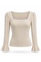 Women's Beige Square Neck Spanish Style Long Sleeve Blouse with Lace on the Sleeves and Collar in Sandy Fabric - 4
