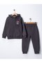 Basic Patterned Hooded Kangaroo Pocket Zippered Printed Boy's Cardigan/Elastic Waistband Sweatpants 3-Piece Set - 2
