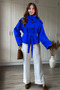 High Collar Buttoned Waist Tie Saks Blue Trench Coat