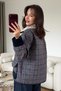 Women's Collared Fur Plaid Lined Coat - Navy Blue - 3