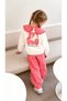 Girl's Gingham Baby Collar Teddy Bear Printed Sweatshirt Gingham Gabardine Denim Jeans Pants Top and Bottom Set - 3