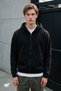 Men's Black Hooded 3-Thread Fleece Zippered Sweatshirt Jacket - 2