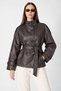 Women's Stand Collar Belted Double Button Leather Jacket Trench Coat - 2