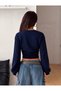 Looc Navy Blue Long Sleeve Waist Gathered Lycra Bodysuit - 2