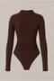 Brown Polo Collar Long Sleeve Ribbed Lycra Premium Bodysuit - 2