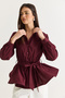 Women's Burgundy Belted Long Sleeve Waist-Tie Shirt 60382626 - 5
