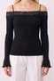 Black Lace-Detail Floral Pattern Boat Neck Long Sleeve Blouse - 3