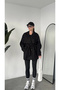 Women's Black Medium Length Cashmere Coat with Belt, Double Breasted Collar, Cape Detail, Short Coat - 5