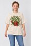 Women's Ecru Oversize Combed Cotton T-Shirt with New Year's Themed Monstera and Red Ribbon Print - 3