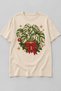 Women's Ecru Oversize Combed Cotton T-Shirt with New Year's Themed Monstera and Red Ribbon Print