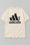 Women's Ecru Oversize Combed Cotton T-Shirt Adicats Cat Printed Crew Neck Short Sleeve Tshirt