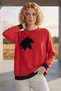 Red Crew Neck Long Sleeve Leaf Patterned Stoned Hem Ribbed Casual Knitwear Sweater 65 64