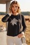 Black Crew Neck Long Sleeve Leaf Patterned Stoned Hem Ribbed Casual Knitwear Sweater 65 64 - 5