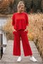 Red Crew Neck Pocketed Double Set Elastic Waist Jacquard Knitwear Top and Bottom Set 62-97 68-70 - 7