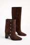Click Wooden Heeled Snap Button Detailed Double Form Foldable Below the Knee Pointed Toe Women's Boots - 5
