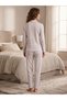 Women's Patterned Bowknot Long Sleeve Pajama Set Buttoned Pajama Bottom Top Set - 2