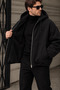 Men's Oversized Gabardine Coat with Fur Lining and Hood - 2