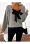 Women's Long-Sleeve V-Neck Open-Back Ribbon-Detail Fleece-Lined Ribbed Knit Blouse - 2
