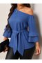 Women's One-Shoulder, Three-Quarter Sleeves, Belted Waist Sofia Blouse - 3