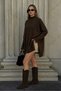 Women's Brown Solid Pattern Standard Size Knitwear Poncho - 2