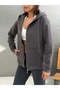 Women's Anthracite Hooded Zippered Pocket Oversize 3 Thread Rastered Sweat Cardigan - 7