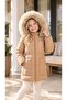Girl's Hooded Beige Coat with Feather Details