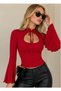 Women's Low-Cut Chest, Tie-Up Detail, Spanish Sleeves, Decorative Stitching, High Collar, Red Stylish Blouse - 4