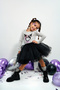 Hat and Rabbit Print Sparkling Long Sleeve Bodysuit & Black Tutu Skirt