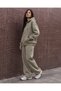 Women's Khaki Hooded Zippered Oversize 3 Thread Rastered Sweat Cardigan with Pockets - 4