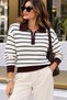 Women's Striped Knitwear Sweater – Polo Collar Zippered Long Sleeve Sweater