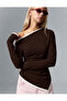 Women's Brown Ecru Contrast Piping One-Shoulder Asymmetrical Long Sleeve Viscose Ribbed Blouse - 2