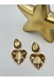 Stone Detailed Heart Earrings (Steel) Brown - 3